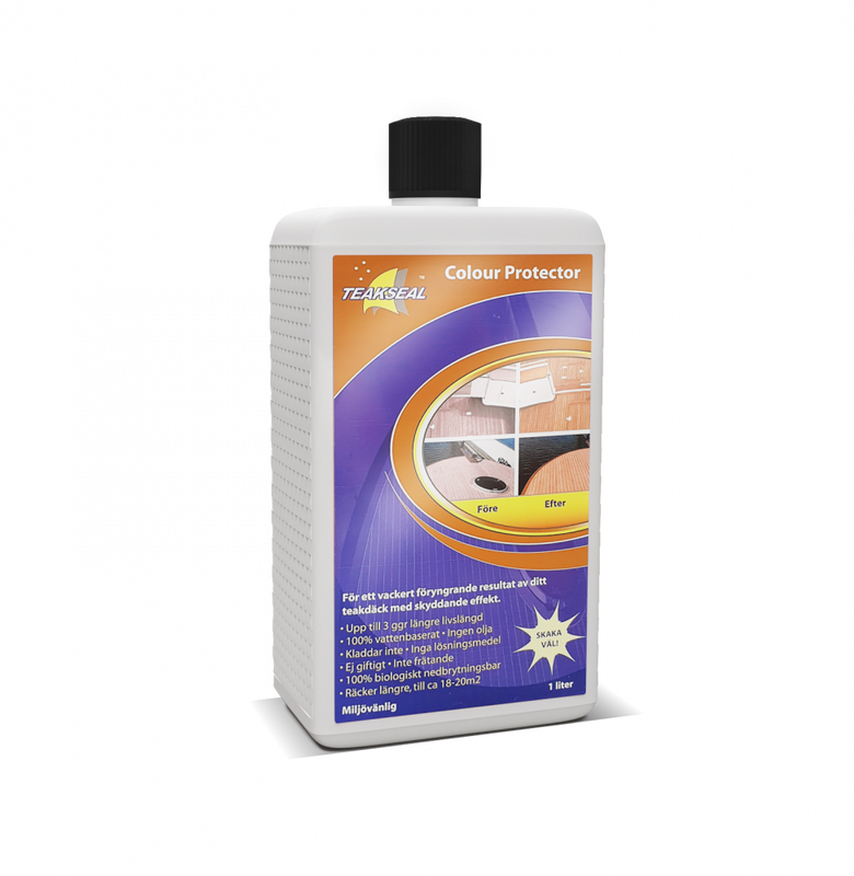 Teakseal teakbehandling. Teakseal Color Protect gir en foryngende effekt på teakdekket ditt i lengre tid uten bruk av oljer og løsemidler

• Teakseal Colour Protector varer opptil tre ganger lenger enn andre tradisjonelle teakoljer som fordamper i solen

• Gir veldig god motstand mot flekker.

• Miljøvennlig da det er 100% vannbasert og biologisk nedbrytbar

• Inneholder ingen aggressive syrer eller alkaliske kjemikalier

• Rask og enkelt å påføre

• Inneholder ingen olje som gjør dekket seigt og tiltrekke