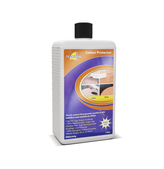Teakseal teakbehandling. Teakseal Color Protect gir en foryngende effekt på teakdekket ditt i lengre tid uten bruk av oljer og løsemidler

• Teakseal Colour Protector varer opptil tre ganger lenger enn andre tradisjonelle teakoljer som fordamper i solen

• Gir veldig god motstand mot flekker.

• Miljøvennlig da det er 100% vannbasert og biologisk nedbrytbar

• Inneholder ingen aggressive syrer eller alkaliske kjemikalier

• Rask og enkelt å påføre

• Inneholder ingen olje som gjør dekket seigt og tiltrekke