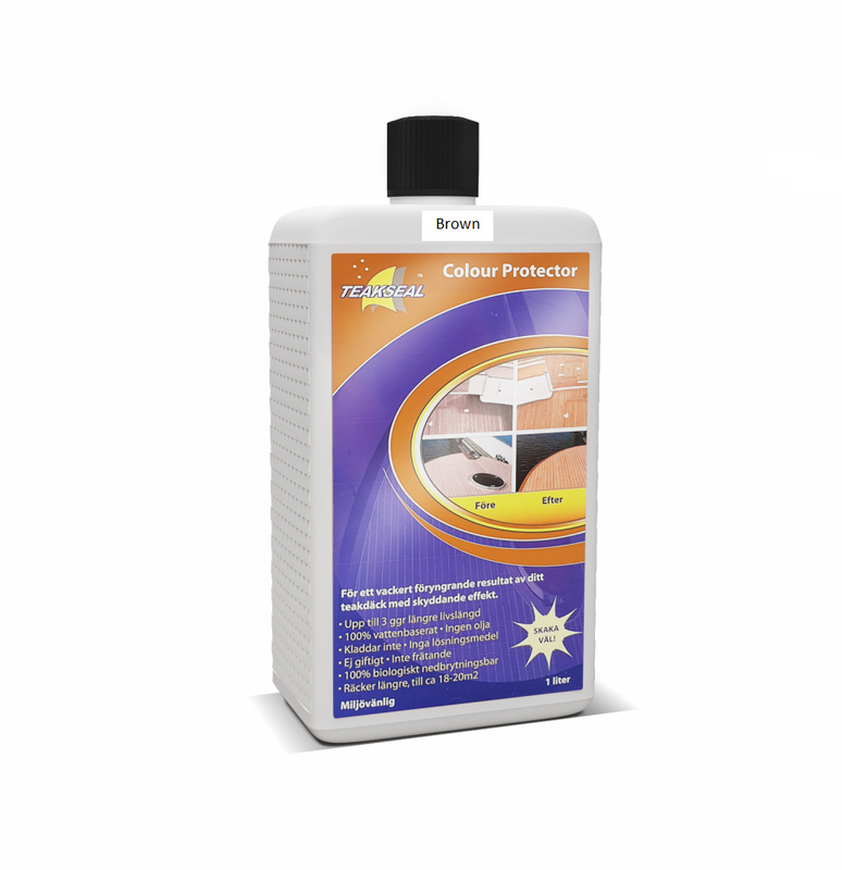 Teakseal Color Protect "Brown" gir en mørkere foryngende effekt på teakdekket ditt i lengre tid uten bruk av oljer og løsemidler.&nbsp;

• Teakseal Colour Protector varer opptil tre ganger lenger enn andre tradisjonelle teakoljer som fordamper i solen

• Gir veldig god motstand mot flekker.

• Miljøvennlig da det er 100% vannbasert og biologisk nedbrytbar

• Inneholder ingen aggressive syrer eller alkaliske kjemikalier

• Rask og enkelt å påføre

• Inneholder ingen olje som gjør dekket seigt og tiltrekker d